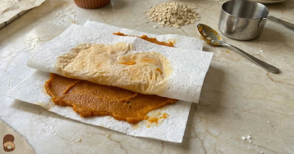 Oatmeal pumpkin cookies moisture control step showing blotted pumpkin puree on paper towels
