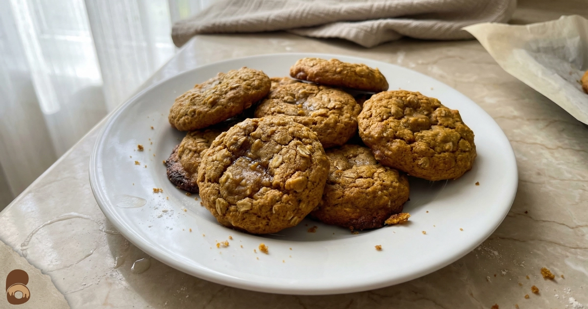 Oatmeal pumpkin cookies on plate with golden edges and soft centers visible