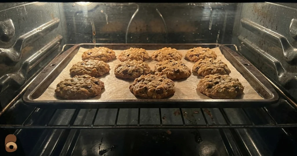 Healthy pumpkin oatmeal cookies baking in home oven with set edges soft centers