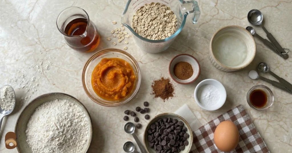 Healthy pumpkin oatmeal cookies ingredients gathered with pumpkin puree oats maple syrup flour spices