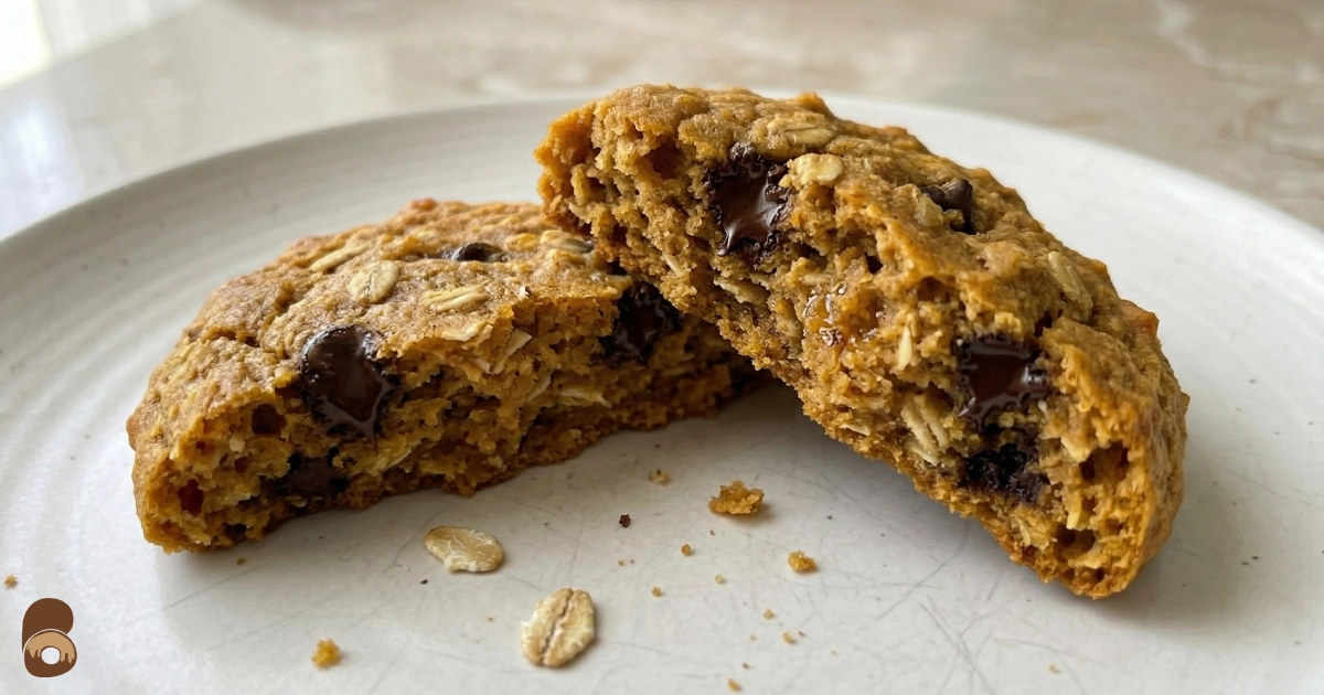 Interior of healthy pumpkin oatmeal cookies broken open showing moist soft oat crumb