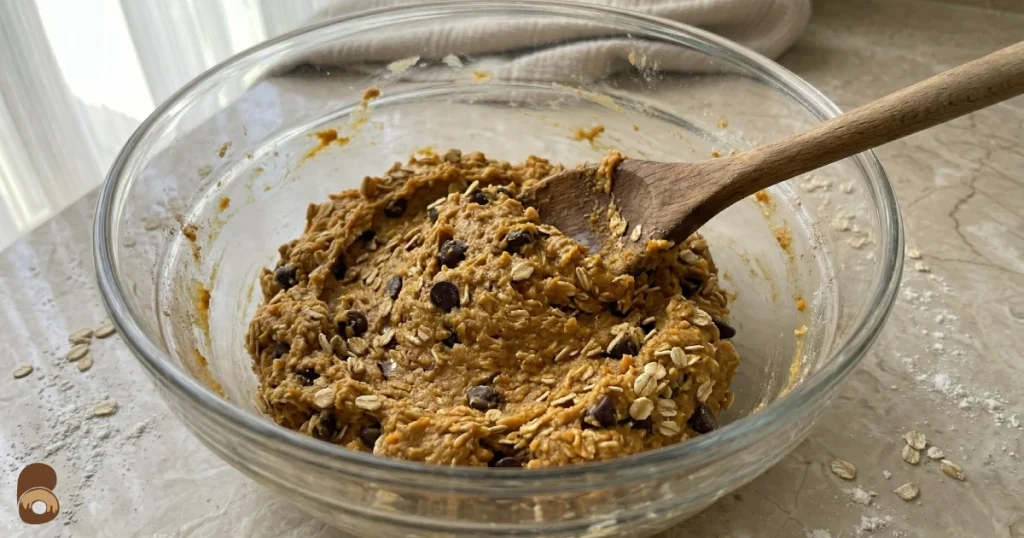 Mixing bowl with healthy pumpkin oatmeal cookies dough showing thick tacky oat-filled consistency