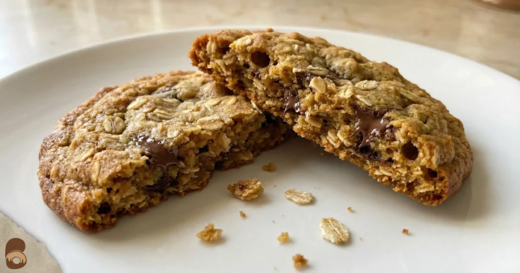 Pumpkin oatmeal chocolate chip cookies broken open showing chewy interior with oats and melted chocolate