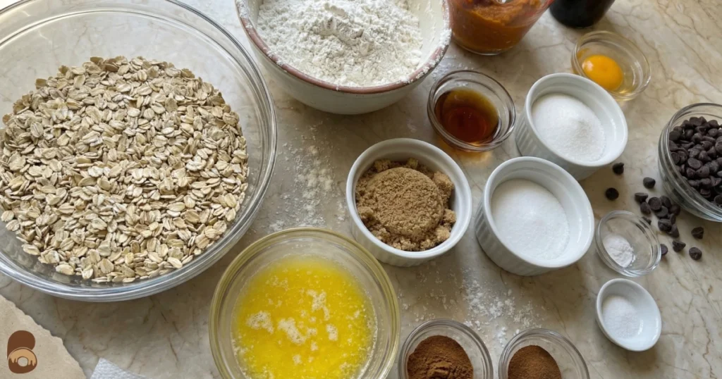 Pumpkin oatmeal chocolate chip cookies ingredients with oats, pumpkin puree, butter, chocolate chips