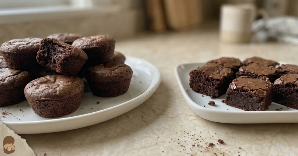 brownie bites comparison showing mini muffin pan bites and tray-cut brownie pieces side by side