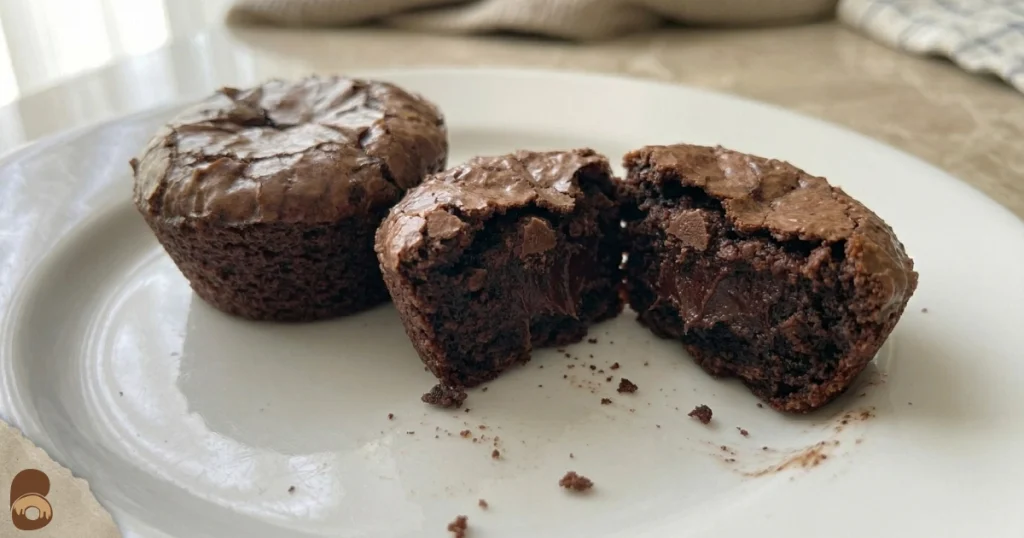 brownie bites recipe broken open showing fudgy center and thin crackly chocolate top