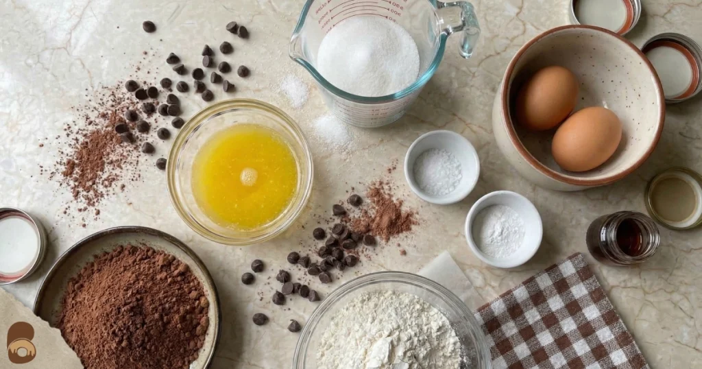 brownie bites recipe ingredients with butter sugar eggs cocoa flour and chocolate chips