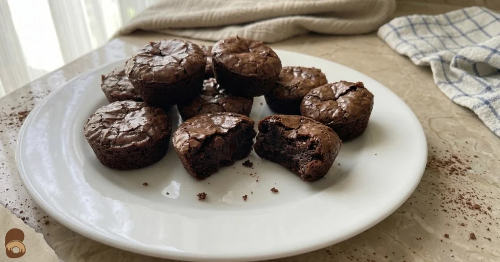 brownie bites recipe with shiny crackly tops and fudgy centers on ceramic plate