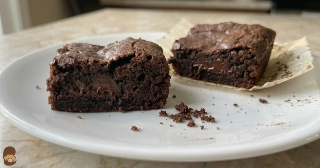 Interior of prime bites brownies broken in half showing dense moist crumb structure