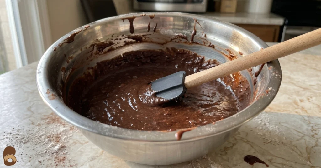 Mixing bowl with prime bites brownies batter showing thick glossy ribbon consistency