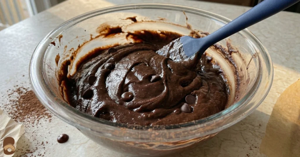 Mixing bowl with prime bites protein brownie batter showing thick glossy chocolate consistency