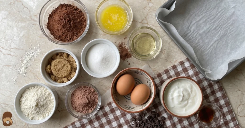 Prime bites brownies ingredients gathered with butter cocoa yogurt protein powder and chocolate