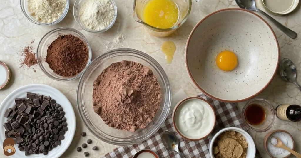 Prime bites protein brownie ingredients on counter with cocoa, butter, eggs, chocolate, yogurt
