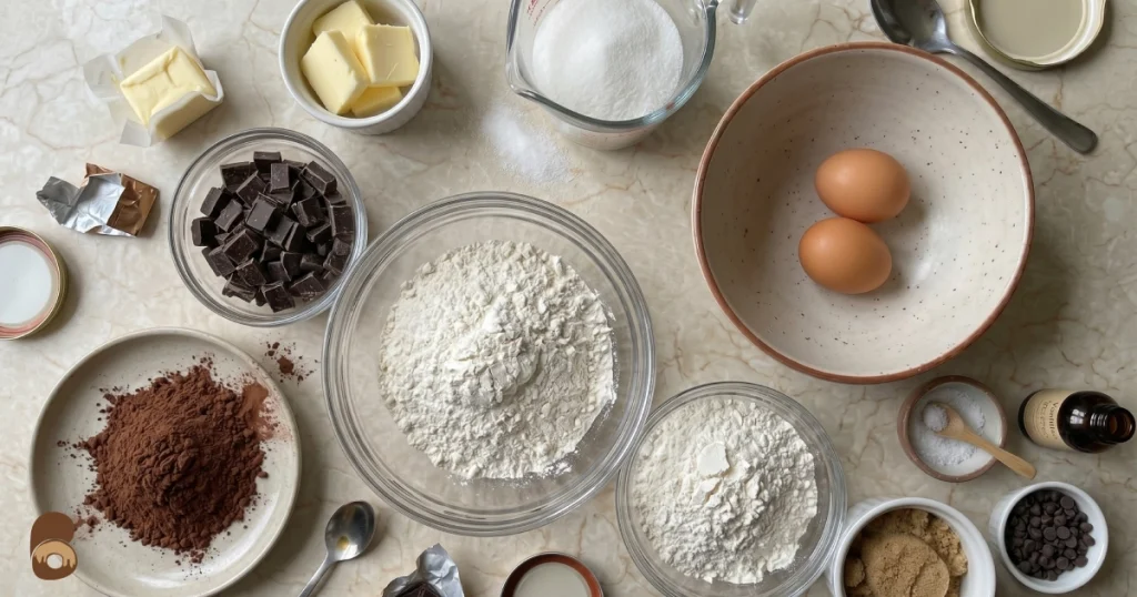 two bite brownies ingredients gathered on kitchen counter showing butter, dark chocolate, cocoa, eggs